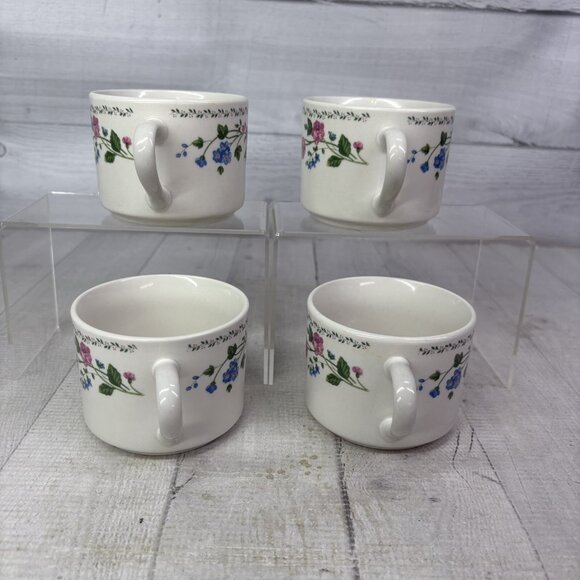 Farberware ENGLISH GARDEN Pink Blue Floral Rim Stoneware 8 oz Flat Cups Set of 4 - Picture 6 of 16